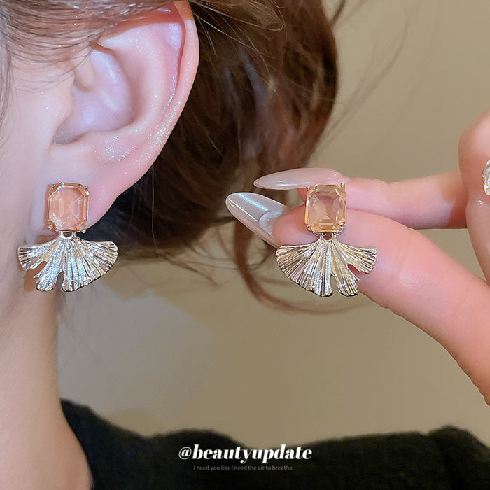 Silver Tone Square Stone Fan Drop Stud Earrings With Polished Metal Details