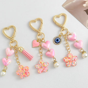 Pink Heart Clasp Keychain with Iridescent Hearts and Glitter Flower Charm