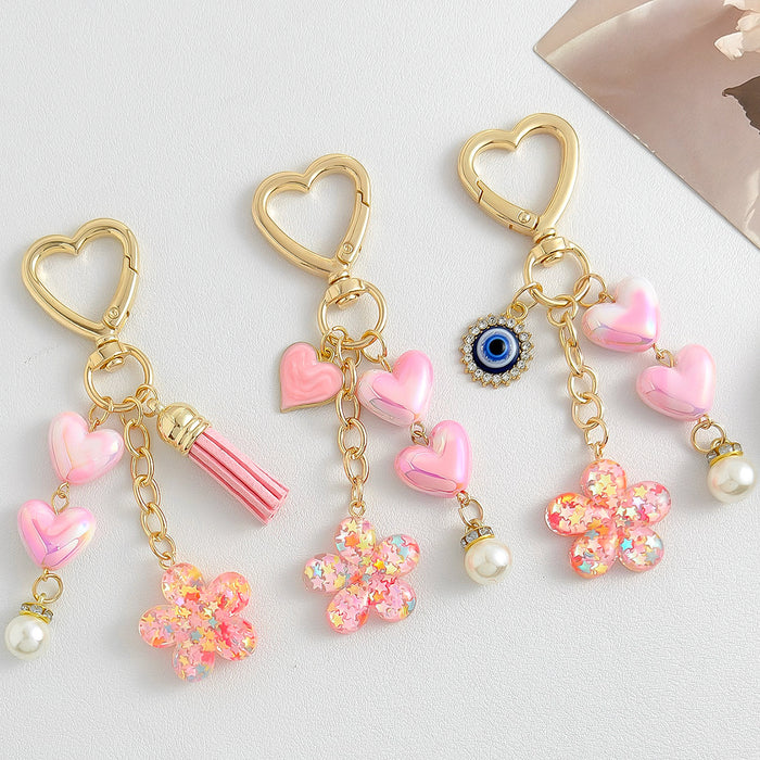 Pink Heart Clasp Keychain with Iridescent Hearts and Glitter Flower Charm