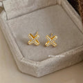 Gold Tone Clear Stone Double Cross Mini Stud Earrings For Women view 4