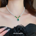 White Faux Pearl and Green Crystal Pendant Necklace view 1