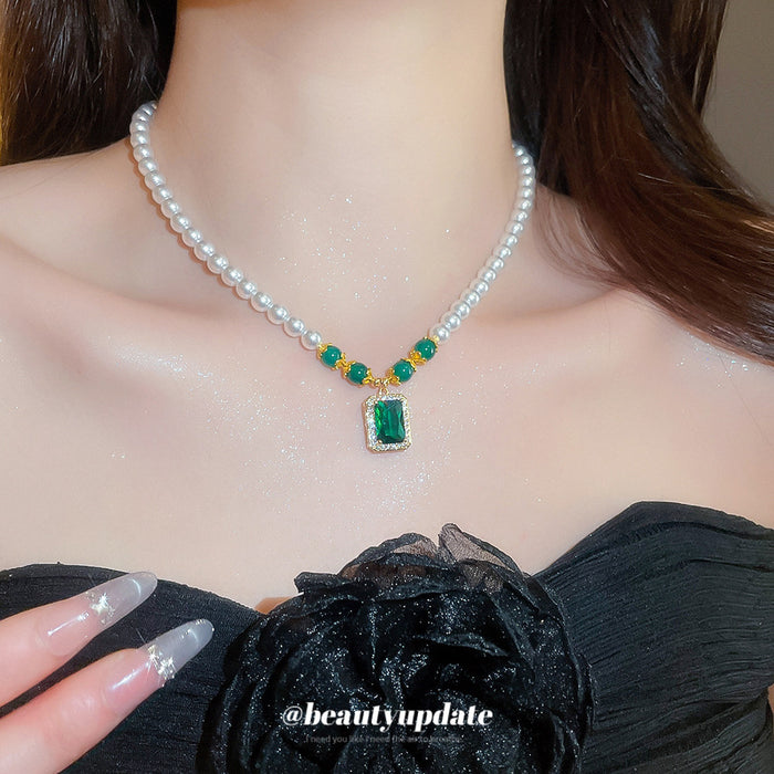 White Faux Pearl and Green Crystal Pendant Necklace