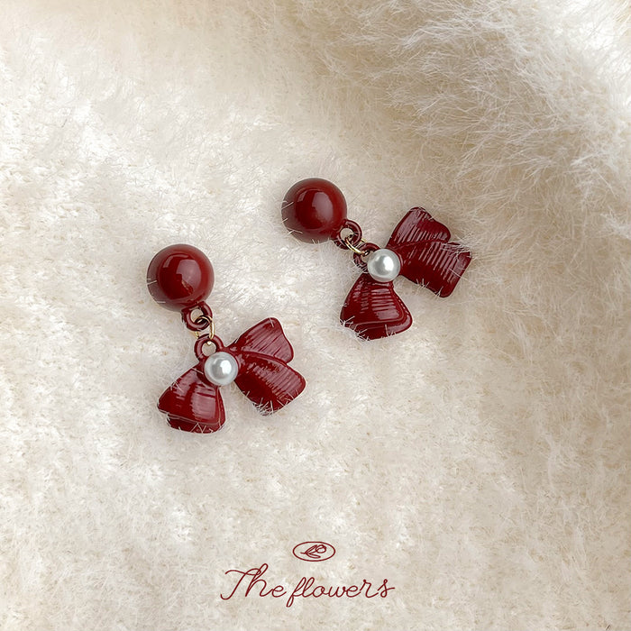 Wine Red Enamel Ball Stud Bow Pearl Drop Earrings Pair