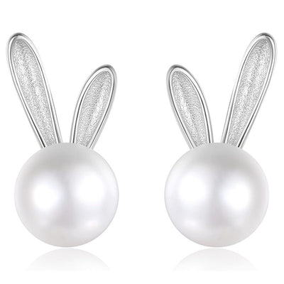 Silver bunny ear faux pearl stud earrings pair on white background