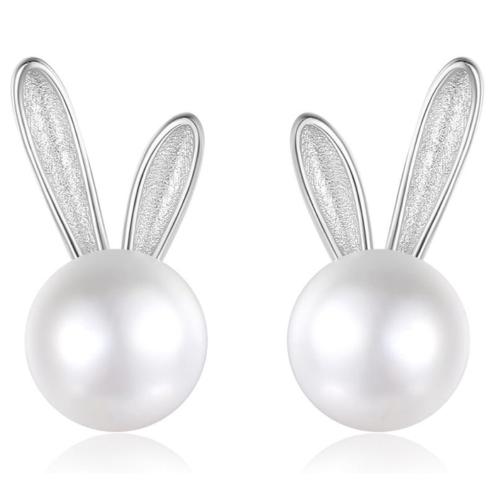 Bunny Ear Faux Pearl Stud Earrings Gold Silver Tone