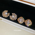 Gold Tone Round Crystal Cluster Stud Earrings With Floral Pattern view 4