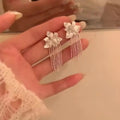 Silver Tone Flower Stud Earrings with Crystal Chain Tassels view 2