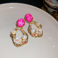 Gold Openwork Pearl Crystal Drop Earrings Polished Metal Jewelry view 6