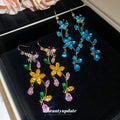 Blue Floral Crystal Vine Long Hook Earrings Jewelry Pair view 4