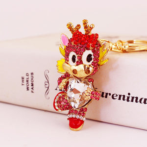 Zinc Dragon Keychain with Red Stones, Clear Heart, and Clasp