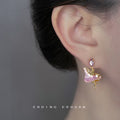 Gold Pink Enamel Ballerina Drop Earrings Purple Crystal Pair view 2