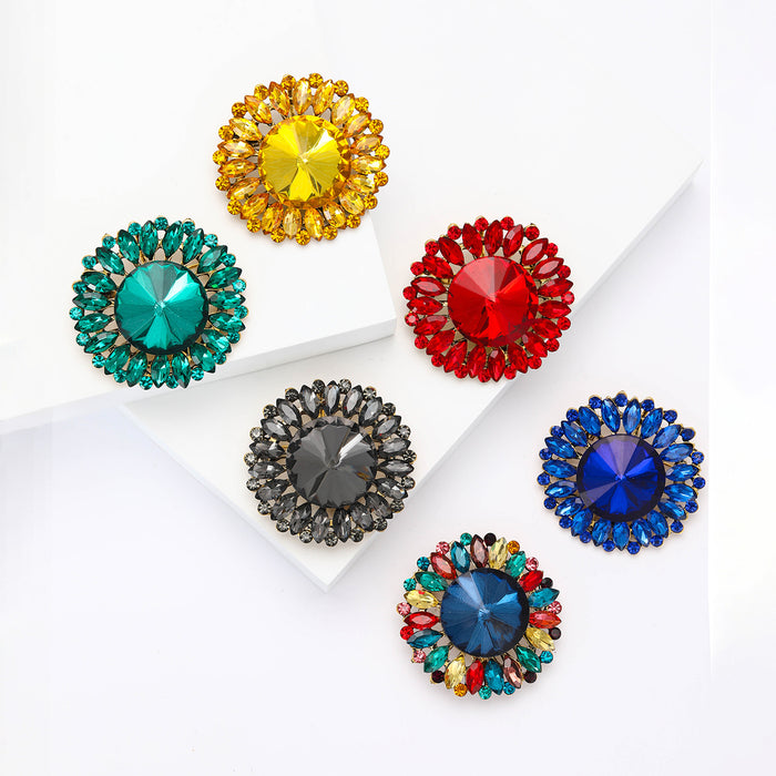 Round Rivoli Center Flower Rhinestone Brooch Colors