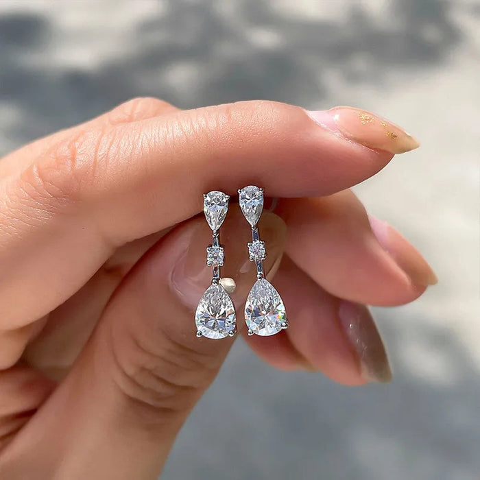 Silver Tone Teardrop Clear Stone Drop Stud Earrings