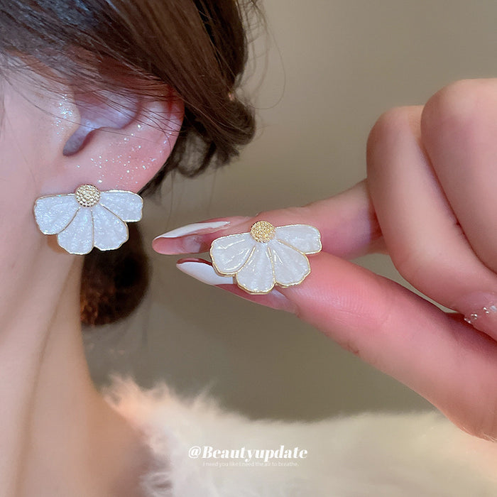 White Enamel Fan Petal Gold Tone Statement Stud Earrings