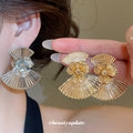 Pleated Fan Flower Stud Earrings in Gold Tone or Silver Tone view 1
