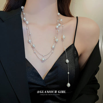 Silver Multi Layer Irregular Pearl Lariat Necklace