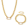 Gold Steel Oval Link Chain Necklace Bracelet Zircon Center view 5