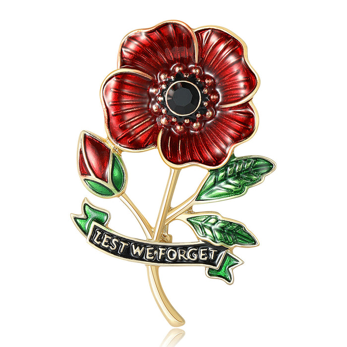 Red Enamel Poppy Brooch Gold Tone Lest We Forget Banner