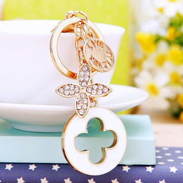 Jeweled Four-Leaf Clover Keychain with White Enamel Disc