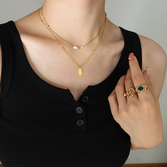 Double Layer Gold Pearl Oval Hand Made Tag Pendant Necklace