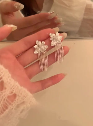 Silver Flower Stud Earrings With Pearl Drops And Chain Fringe