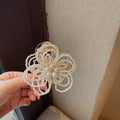 White Pearl Beaded Flower Hair Claw Clip With Clear Base view 2