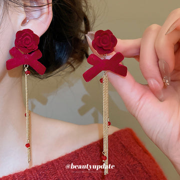 Red Flocked Rose Bow Tassel Drop Earrings Fashion Jewelry