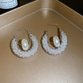 White Mesh Hoop Stud Earrings with Large Pearl Centers view 6