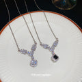 Silver Square Crystal V Drop Pendant Necklace Two Variants view 2