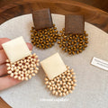 Wooden Square and Beaded Fan Stud Earrings Jewelry view 1
