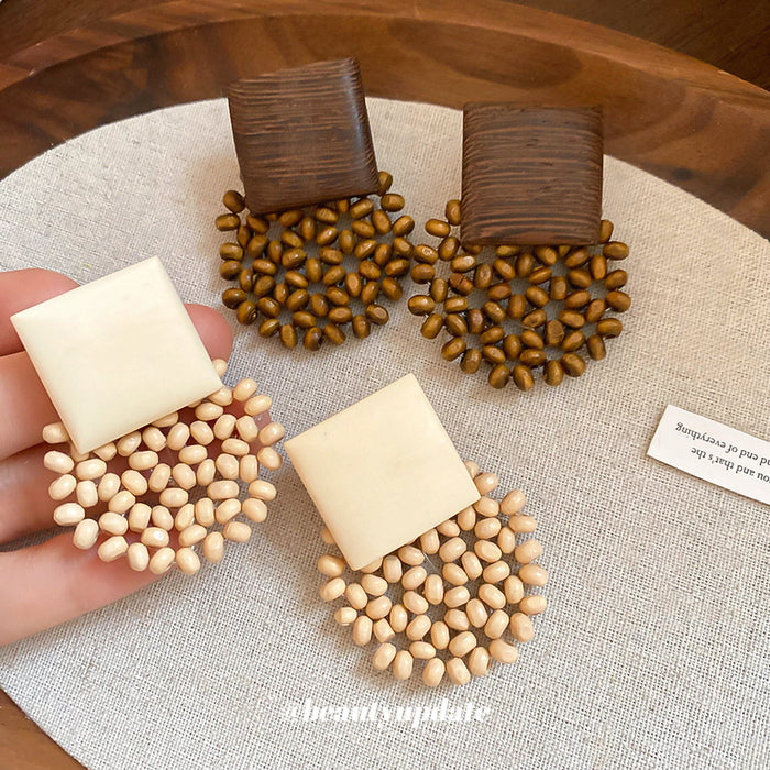 Wooden Square and Beaded Fan Stud Earrings Jewelry
