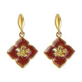 Gold Tone Burgundy Four Petal Flower Long Drop Stud Earrings view 5