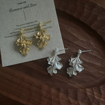 Layered Crinkled Leaf Drop Earrings in Gold and Silver Tones
