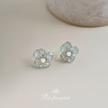 Pale Aqua Translucent Flower White Pearl And Clear Stone Stud Earrings view 4