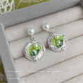 Silver Pearl Green Enamel Floral Medallion Drop Earrings view 3