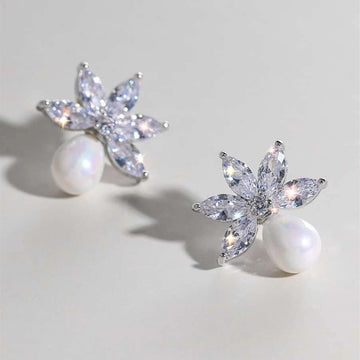 White Gold Tone Marquise Flower Pearl Drop Stud Earrings