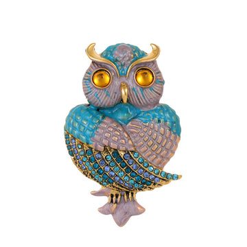 Aqua Gold Tone Owl Crystal Enamel Two Designs Metal Brooch Pin