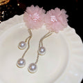 Pink Fabric Flower Chain Drop Earrings With Pearl Accents view 6