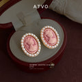 Gold Tone Pink Woman Profile Cameo White Pearl Halo Stud Earrings view 1