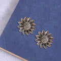 Antique Silver Tone Sunflower Stud Earrings with Textured Centers view 3