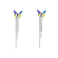 Iridescent Crystal Butterfly Clip Earrings Long Silver Chains view 5