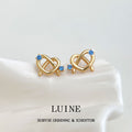 Gold Pretzel Heart Knot Stud Earrings Blue Crystal Pair view 4