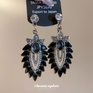 Black Leaf and Clear Crystal Floral Drop Stud Earrings