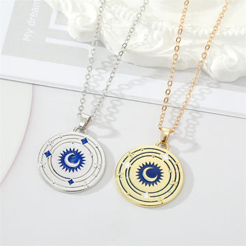 Gold and Silver Tone Blue Enamel Moon Medallion Necklaces