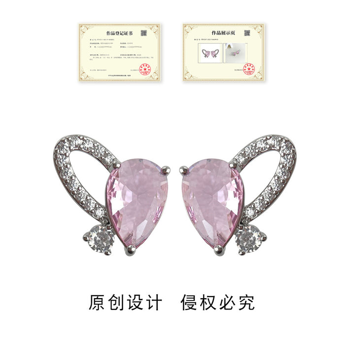 Silver Pink Pear Crystal Heart Curve Stud Earrings Pair