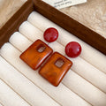 Red Round and Amber Open Rectangle Drop Stud Earrings view 6