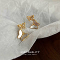 Gold Double Butterfly Earrings Crystal Shell Drops view 3