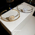Open Double Layer Zircon Rose Flower Cuff Bangle Silver Gold view 2