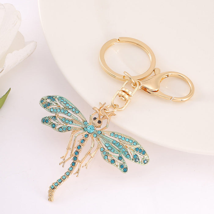 Teal Rhinestone Dragonfly Keychain Gold Lobster Clasp