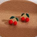Red Double Cherry and Green Leaf Novelty Stud Earrings view 2